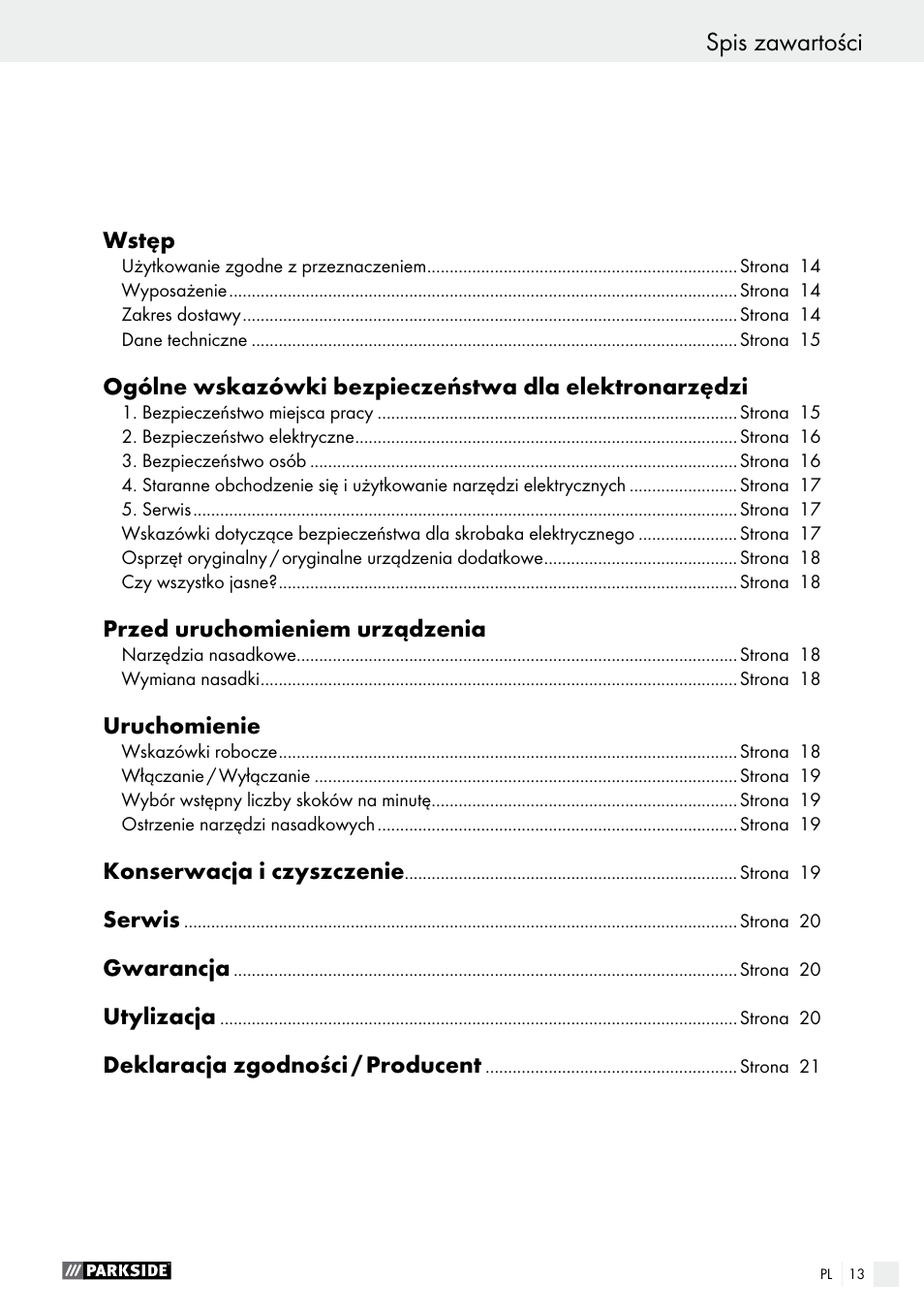 Spis zawartości | Parkside PES 200 B1 User Manual | Page 13 / 58