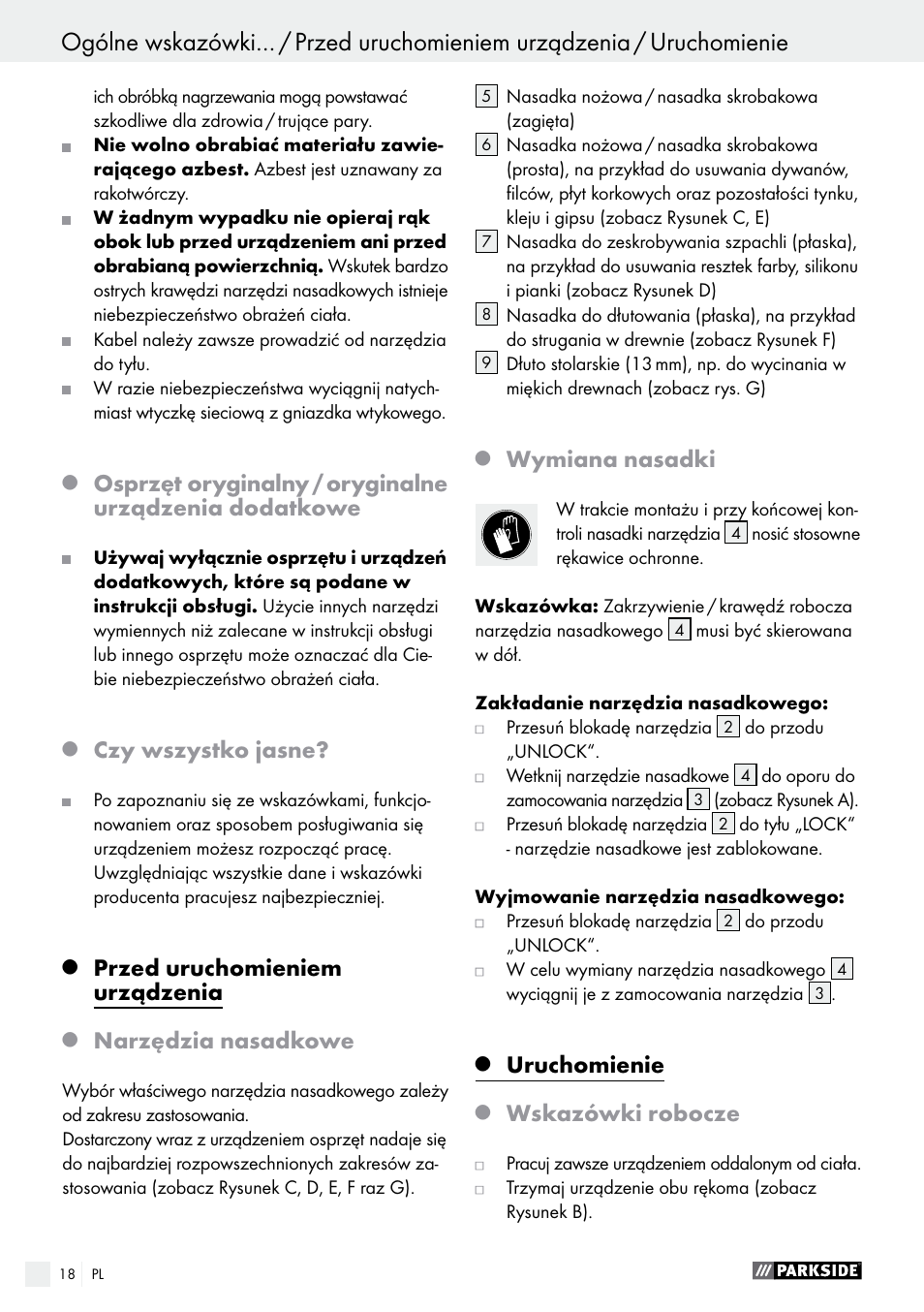Czy wszystko jasne, Przed uruchomieniem urządzenia, Narzędzia nasadkowe | Wymiana nasadki, Uruchomienie, Wskazówki robocze | Parkside PES 200 B1 User Manual | Page 18 / 58