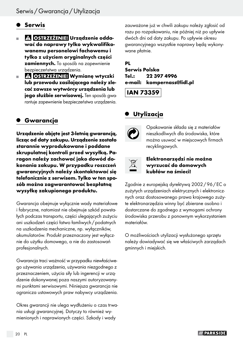 Deklaracja zgodności / producent, Serwis / gwarancja / utylizacja, Serwis | Gwarancja, Utylizacja | Parkside PES 200 B1 User Manual | Page 20 / 58