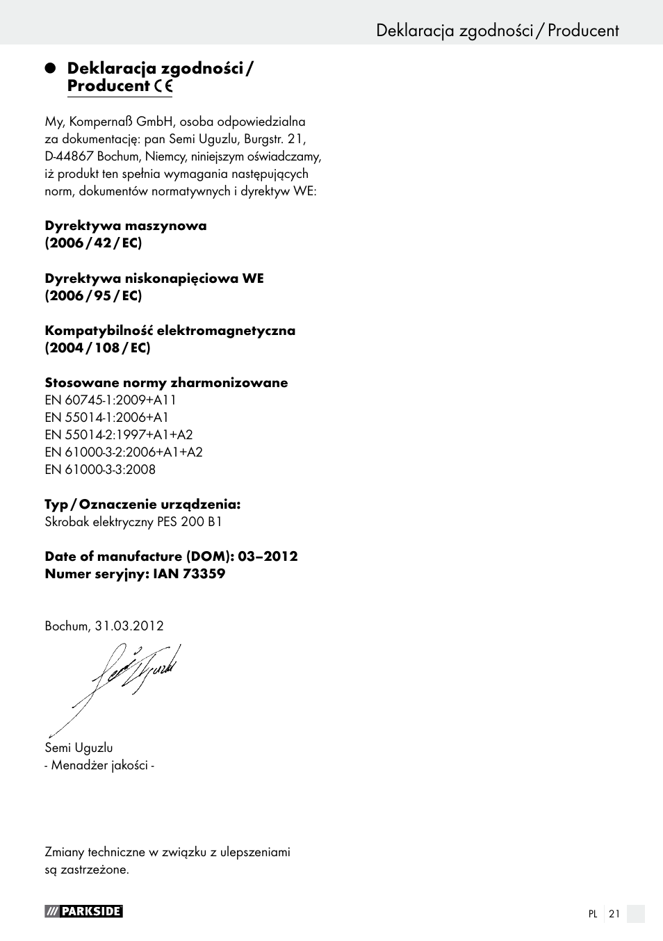 Deklaracja zgodności / producent | Parkside PES 200 B1 User Manual | Page 21 / 58
