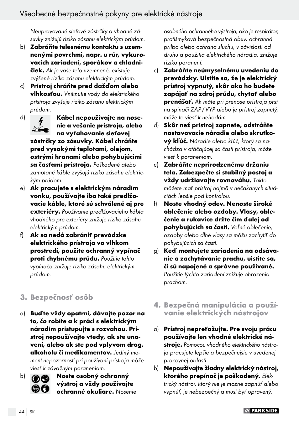 Bezpečnosť osôb | Parkside PES 200 B1 User Manual | Page 44 / 58
