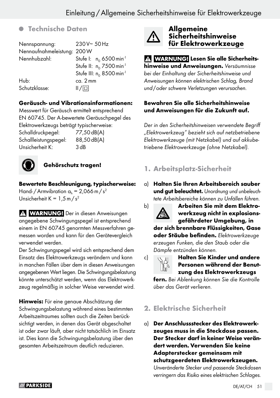 Einleitung, Technische daten, Arbeitsplatz-sicherheit | Elektrische sicherheit | Parkside PES 200 B1 User Manual | Page 51 / 58
