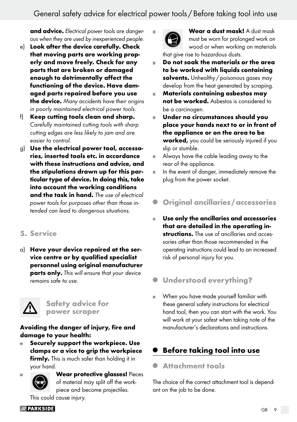 Service, Safety advice for power scraper, Original ancillaries / accessories | Understood everything, Before taking tool into use, Attachment tools | Parkside PES 200 B1 User Manual | Page 9 / 58