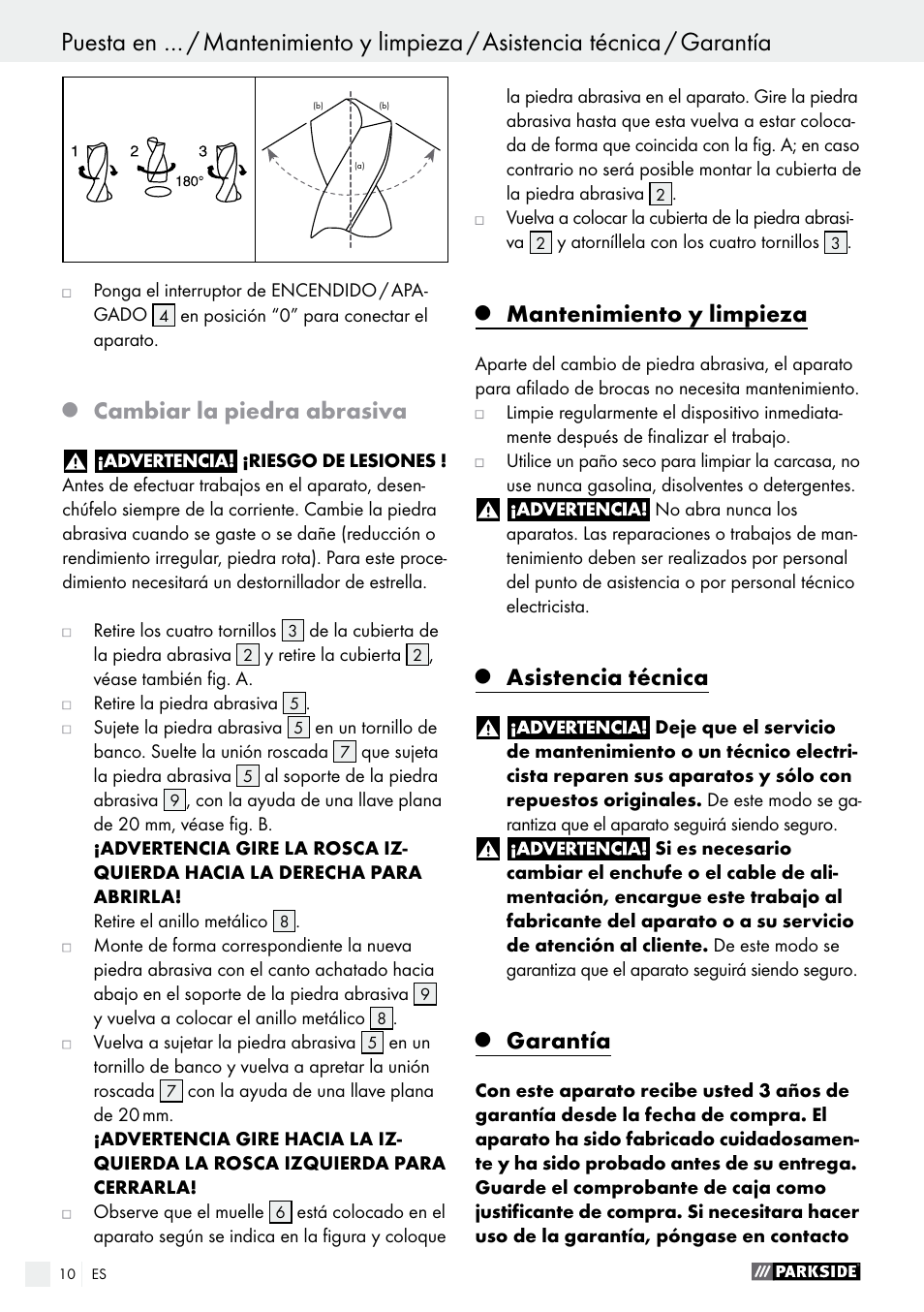 Cambiar la piedra abrasiva, Mantenimiento y limpieza, Asistencia técnica | Garantía | Parkside PBSG 95 A1 User Manual | Page 10 / 45