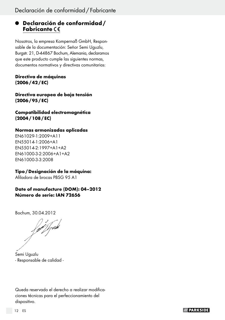 Indice declaración de conformidad / fabricante | Parkside PBSG 95 A1 User Manual | Page 12 / 45