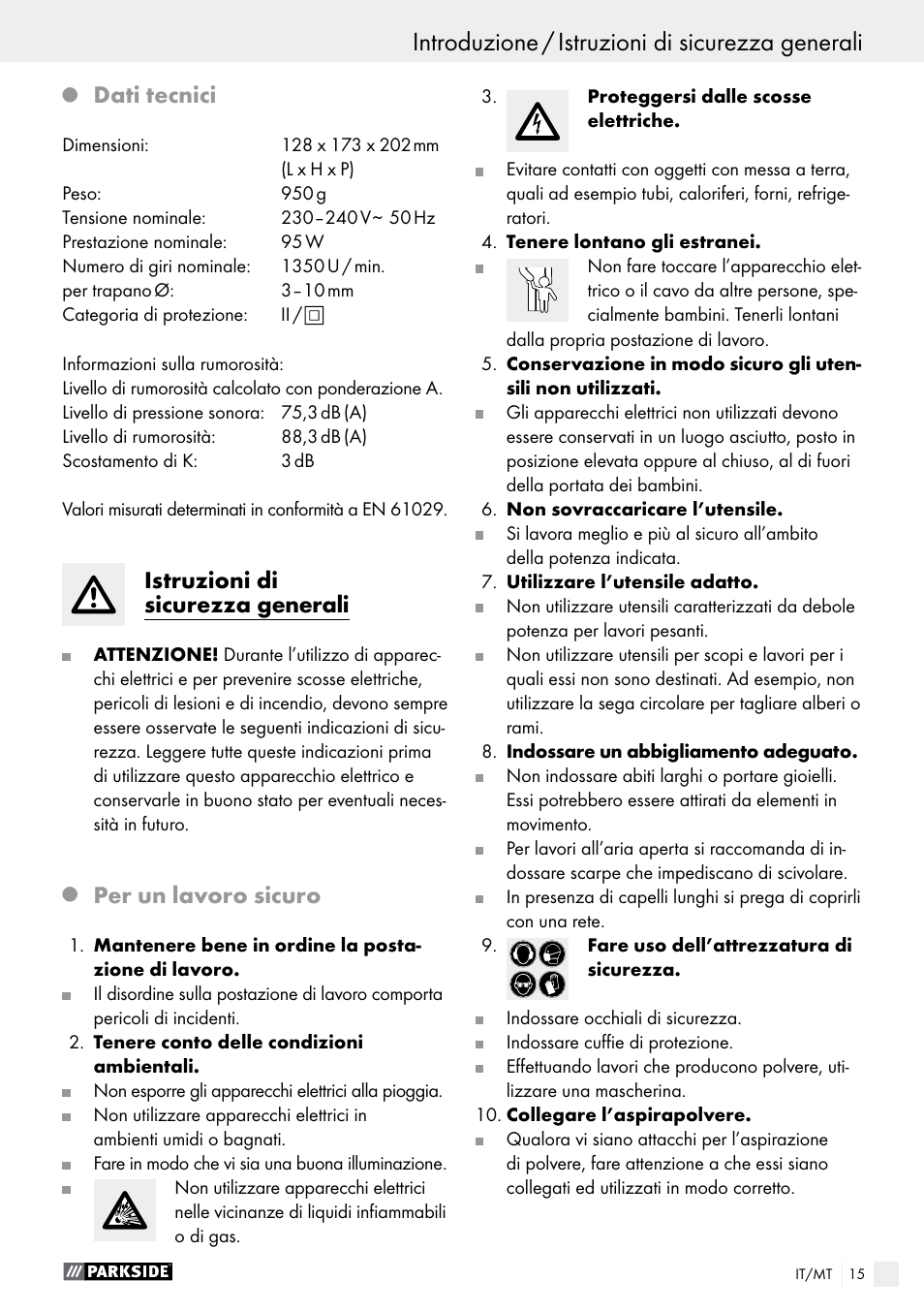 Dati tecnici, Istruzioni di sicurezza generali, Per un lavoro sicuro | Parkside PBSG 95 A1 User Manual | Page 15 / 45