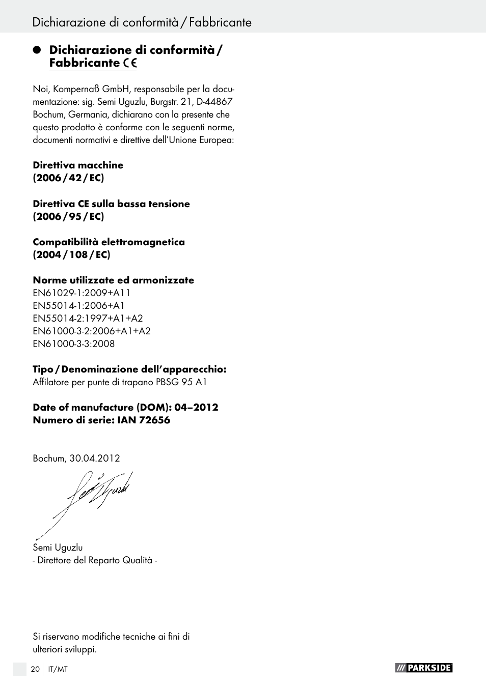 Índice, Dichiarazione di conformità / fabbricante | Parkside PBSG 95 A1 User Manual | Page 20 / 45