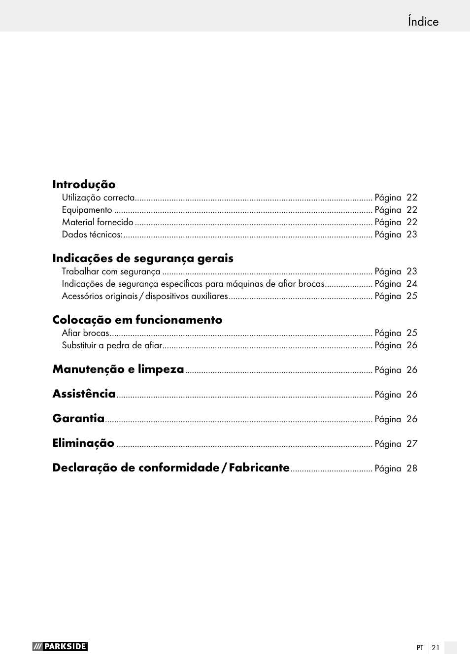 Índice, Dichiarazione di conformità / fabbricante | Parkside PBSG 95 A1 User Manual | Page 21 / 45