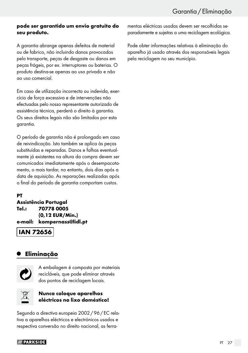 Eliminação | Parkside PBSG 95 A1 User Manual | Page 27 / 45