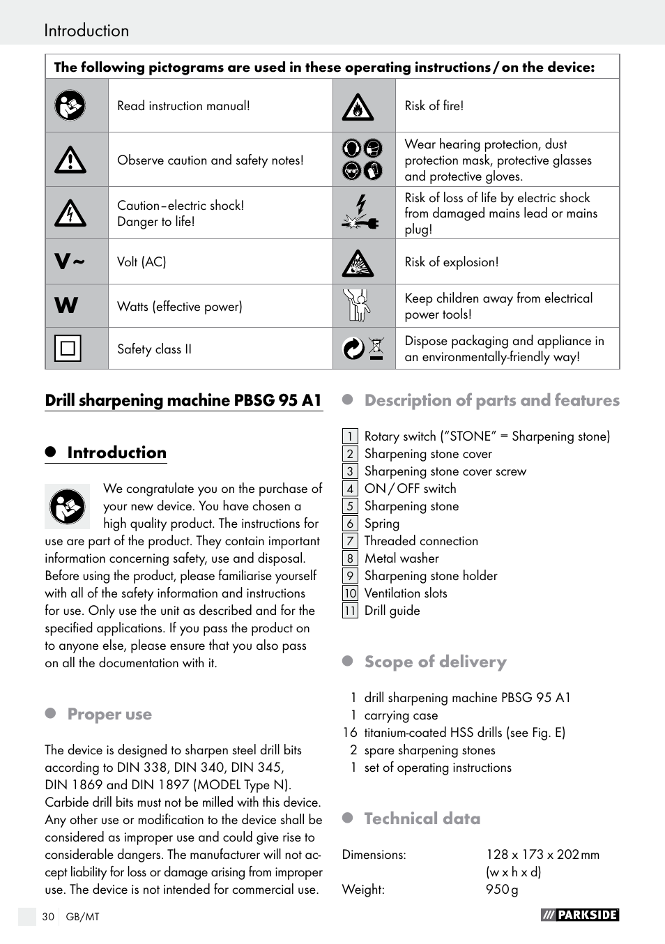 Introduction introduction / general safety advice, Drill sharpening machine pbsg 95 a1, Introduction | Proper use, Description of parts and features, Scope of delivery, Technical data | Parkside PBSG 95 A1 User Manual | Page 30 / 45