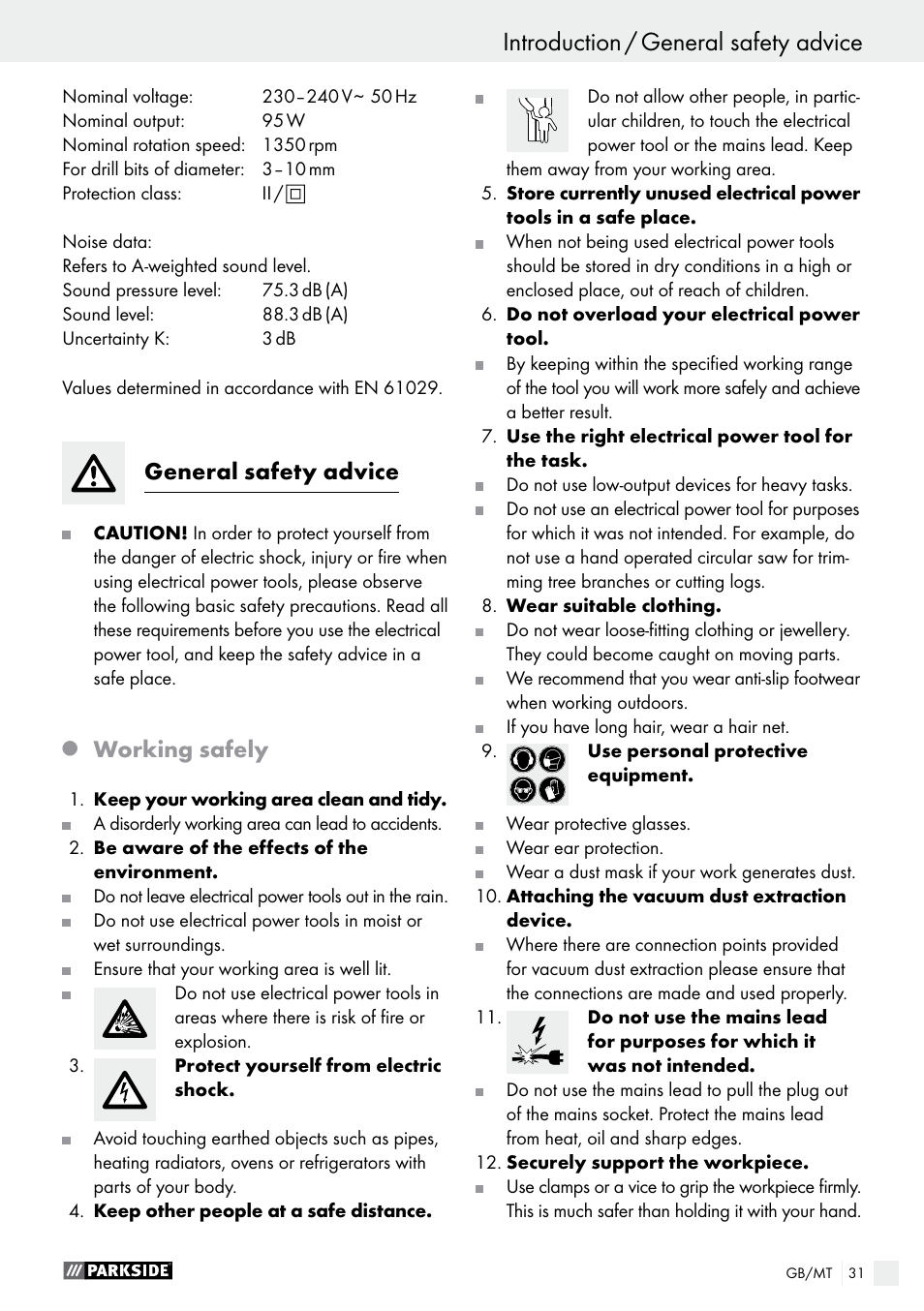 Introduction introduction / general safety advice, General safety advice, Working safely | Parkside PBSG 95 A1 User Manual | Page 31 / 45