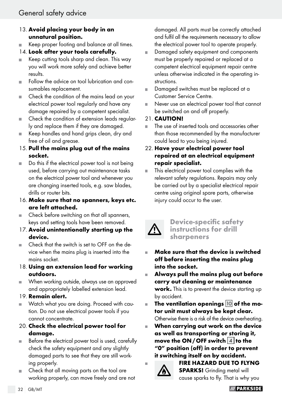 General safety advice / use general safety advice | Parkside PBSG 95 A1 User Manual | Page 32 / 45