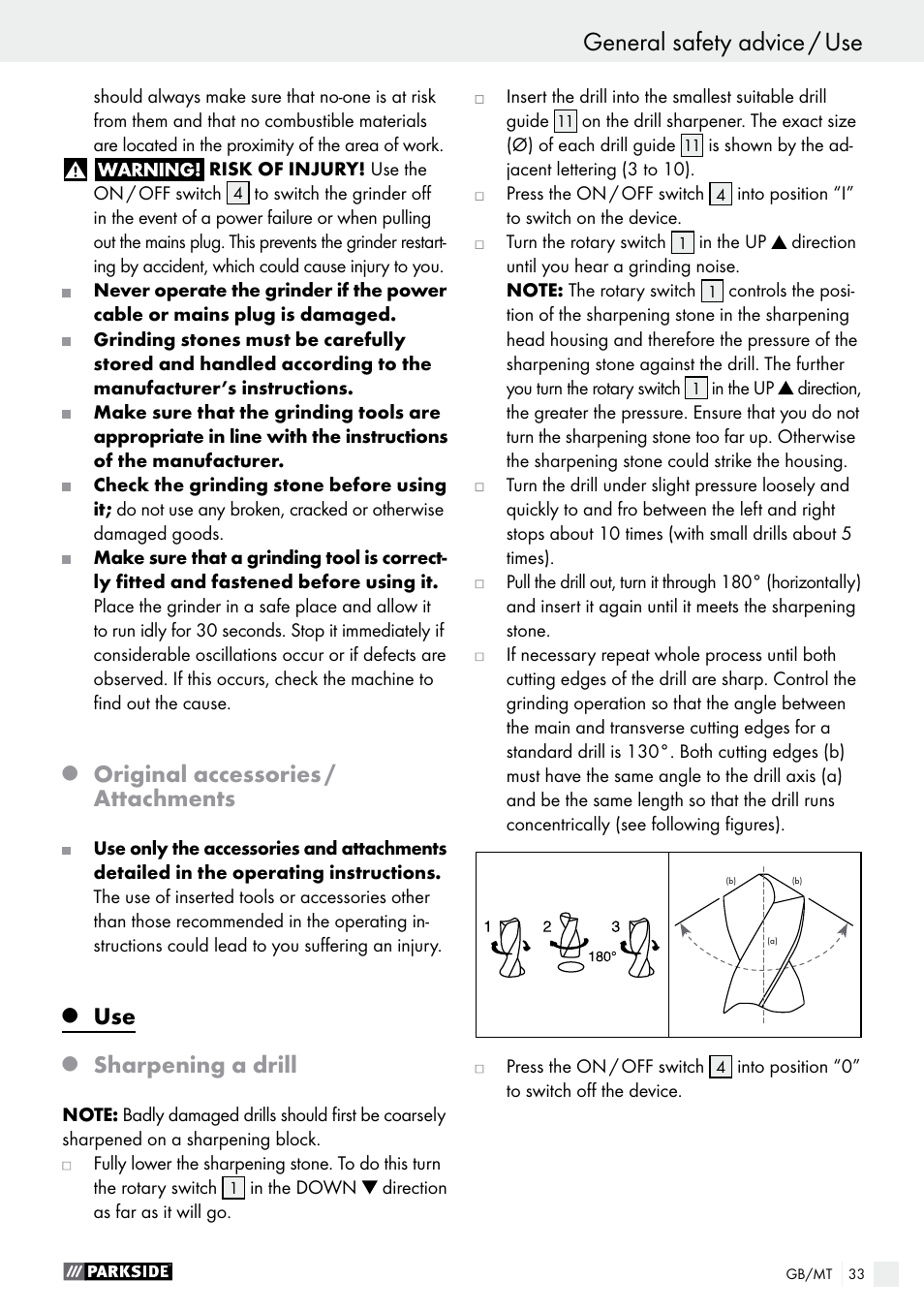 General safety advice / use general safety advice, Original accessories / attachments, Sharpening a drill | Parkside PBSG 95 A1 User Manual | Page 33 / 45