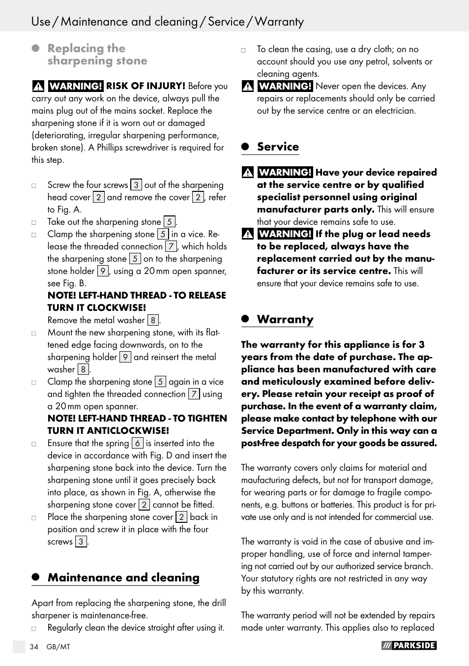 Replacing the sharpening stone, Maintenance and cleaning, Service | Warranty | Parkside PBSG 95 A1 User Manual | Page 34 / 45