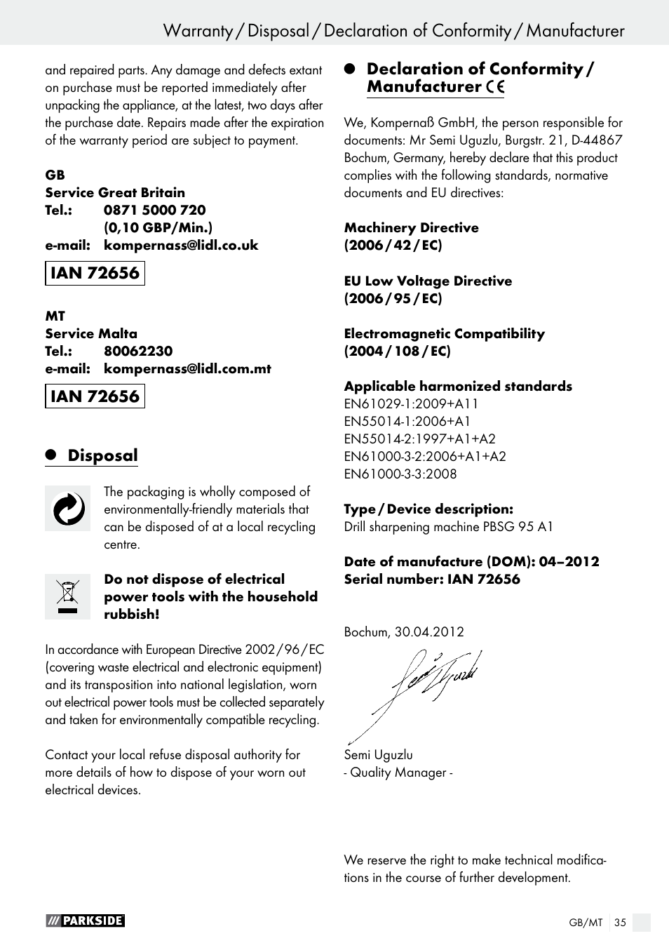 Disposal, Declaration of conformity / manufacturer | Parkside PBSG 95 A1 User Manual | Page 35 / 45