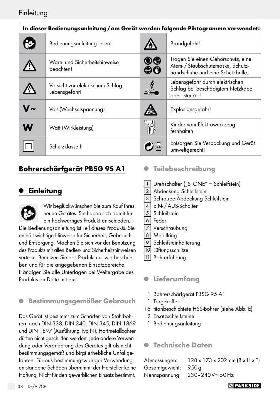 Bohrerschärfgerät pbsg 95 a1, Einleitung, Bestimmungsgemäßer gebrauch | Teilebeschreibung, Lieferumfang, Technische daten | Parkside PBSG 95 A1 User Manual | Page 38 / 45