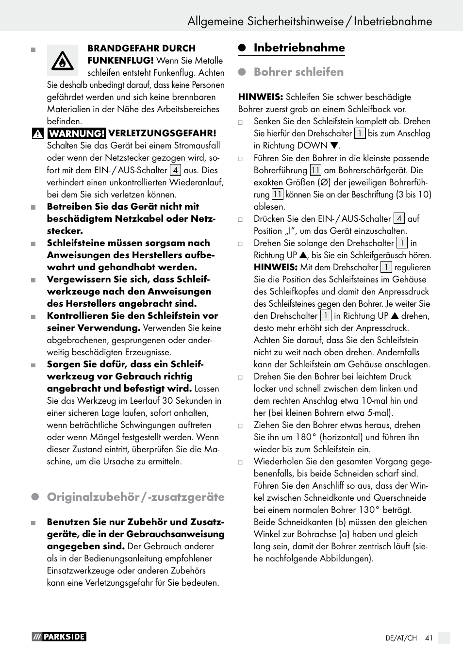 Originalzubehör / -zusatzgeräte, Inbetriebnahme, Bohrer schleifen | Parkside PBSG 95 A1 User Manual | Page 41 / 45