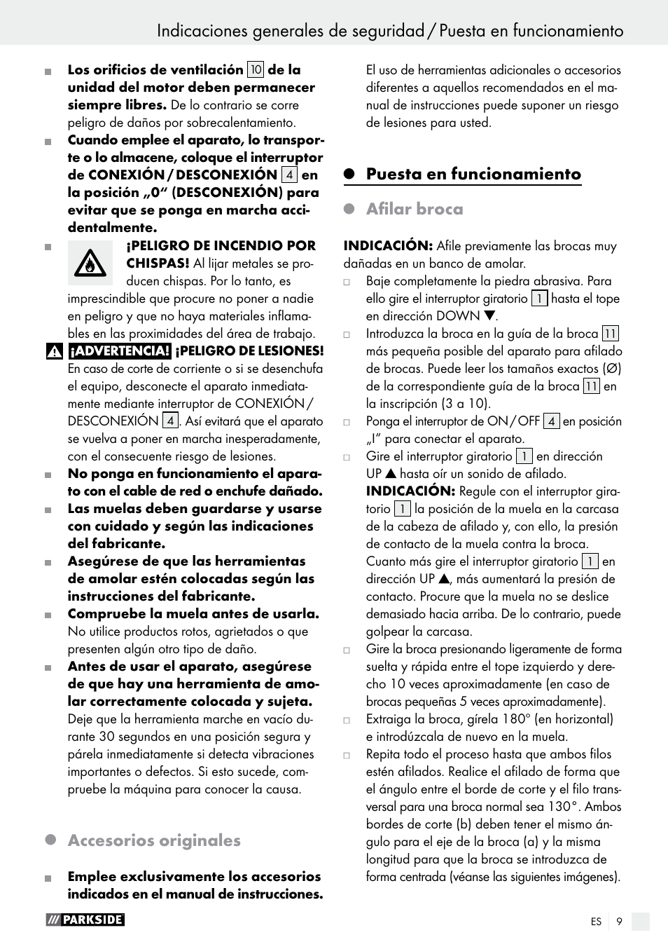 Accesorios originales, Puesta en funcionamiento, Afilar broca | Parkside PBSG 95 A1 User Manual | Page 9 / 45