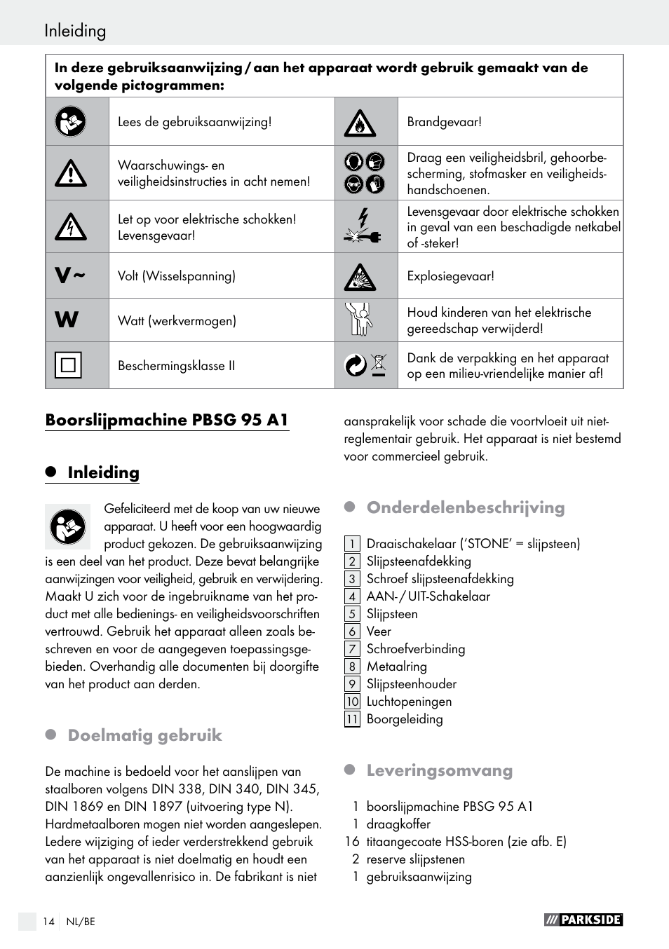 Boorslijpmachine pbsg 95 a1, Inleiding, Doelmatig gebruik | Onderdelenbeschrijving, Leveringsomvang | Parkside PBSG 95 A1 User Manual | Page 14 / 36