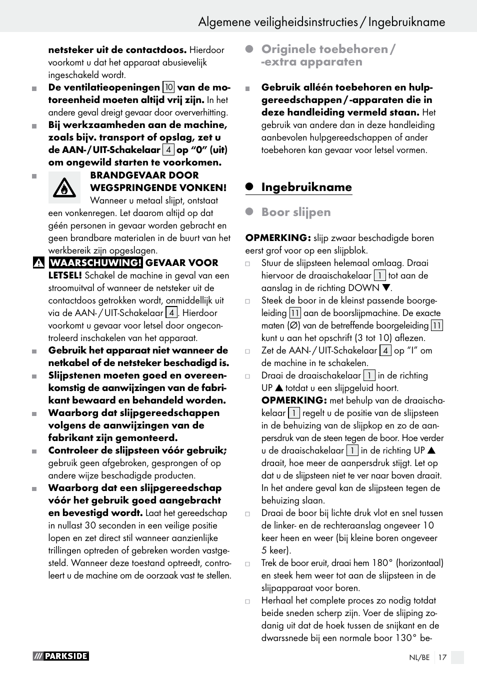 Originele toebehoren / ­extra apparaten, Ingebruikname, Boor slijpen | Parkside PBSG 95 A1 User Manual | Page 17 / 36