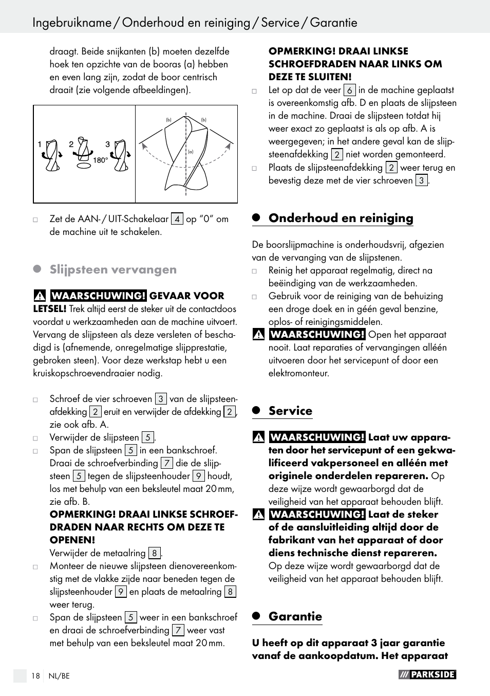 Slijpsteen vervangen, Onderhoud en reiniging, Service | Garantie | Parkside PBSG 95 A1 User Manual | Page 18 / 36