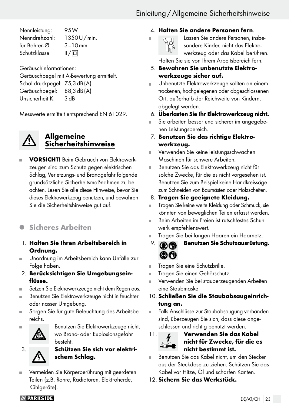 Allgemeine sicherheitshinweise, Sicheres arbeiten | Parkside PBSG 95 A1 User Manual | Page 23 / 36