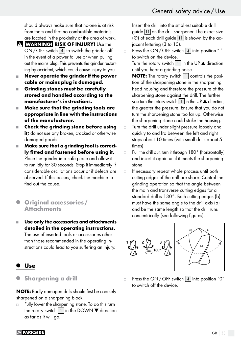 General safety advice / use general safety advice, Original accessories / attachments, Sharpening a drill | Parkside PBSG 95 A1 User Manual | Page 33 / 36