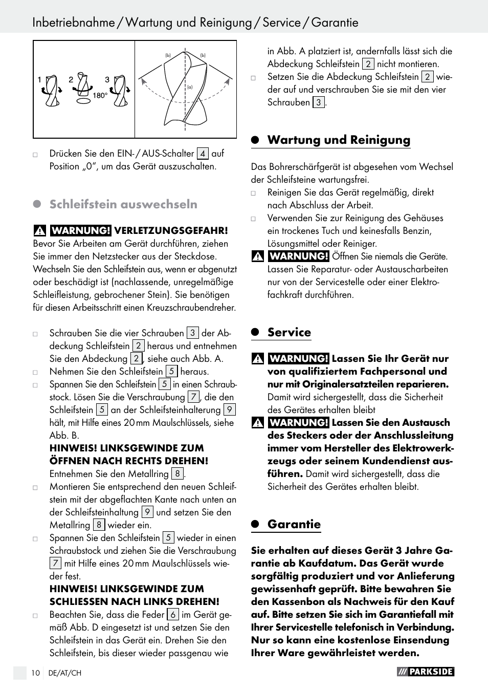 Garantie / entsorgung, Schleifstein auswechseln, Wartung und reinigung | Service, Garantie | Parkside PBSG 95 A1 User Manual | Page 10 / 36