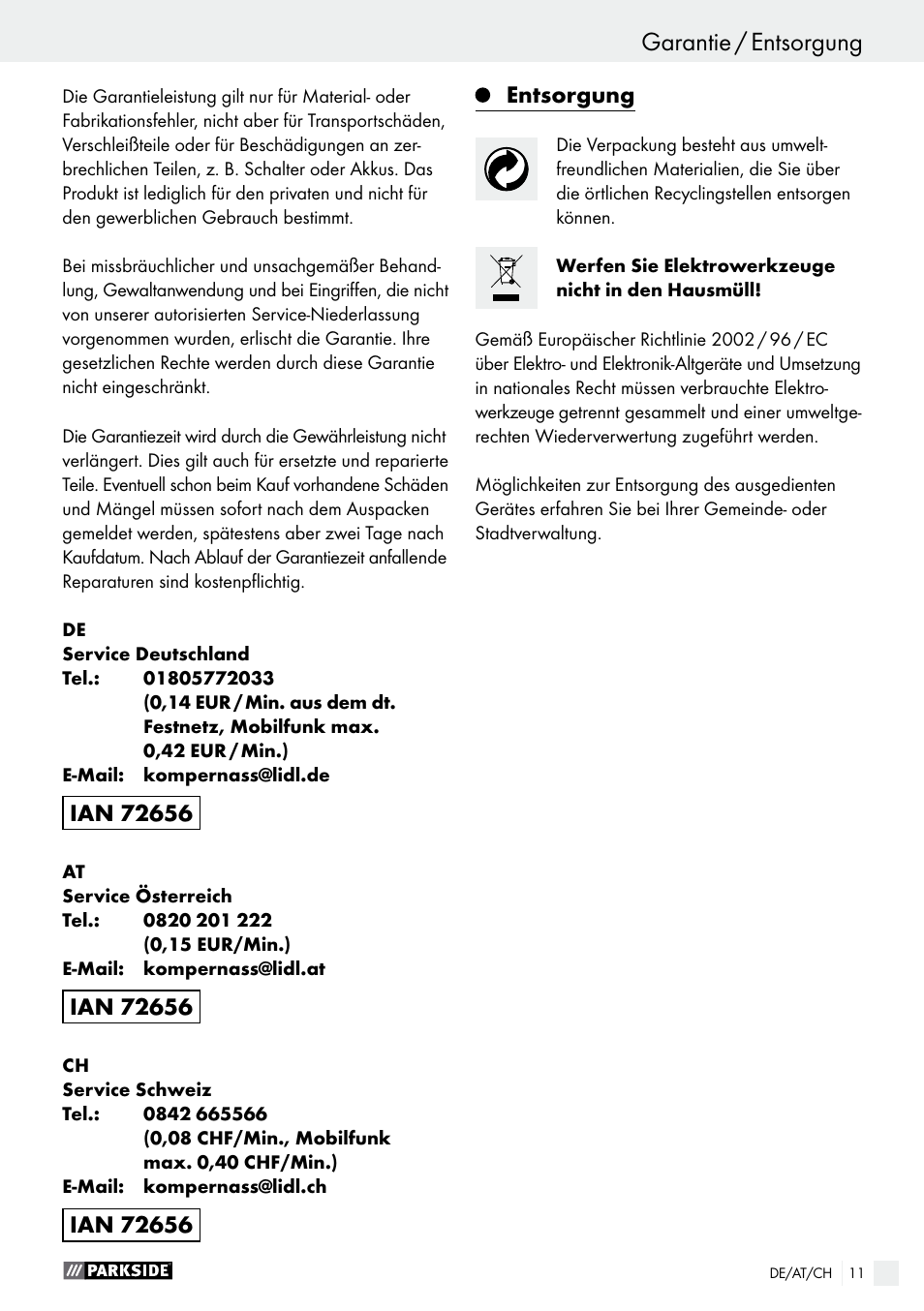 Entsorgung | Parkside PBSG 95 A1 User Manual | Page 11 / 36
