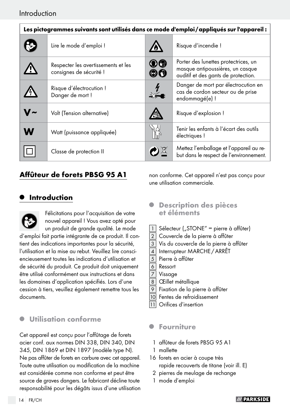 Affûteur de forets pbsg 95 a1, Introduction, Utilisation conforme | Description des pièces et éléments, Fourniture | Parkside PBSG 95 A1 User Manual | Page 14 / 36