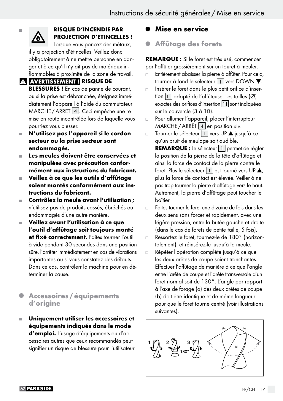 Accessoires / équipements d’origine, Mise en service, Affûtage des forets | Parkside PBSG 95 A1 User Manual | Page 17 / 36