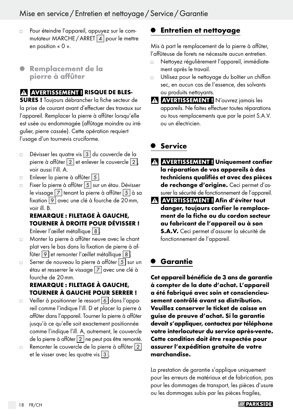 Remplacement de la pierre à affûter, Entretien et nettoyage, Service | Garantie | Parkside PBSG 95 A1 User Manual | Page 18 / 36