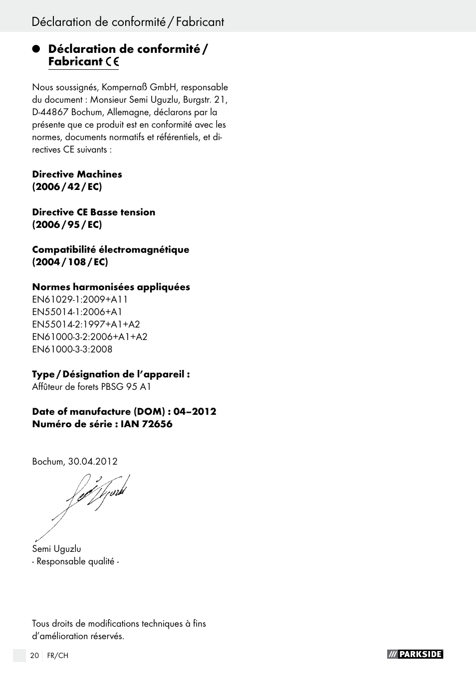 Indice déclaration de conformité / fabricant | Parkside PBSG 95 A1 User Manual | Page 20 / 36