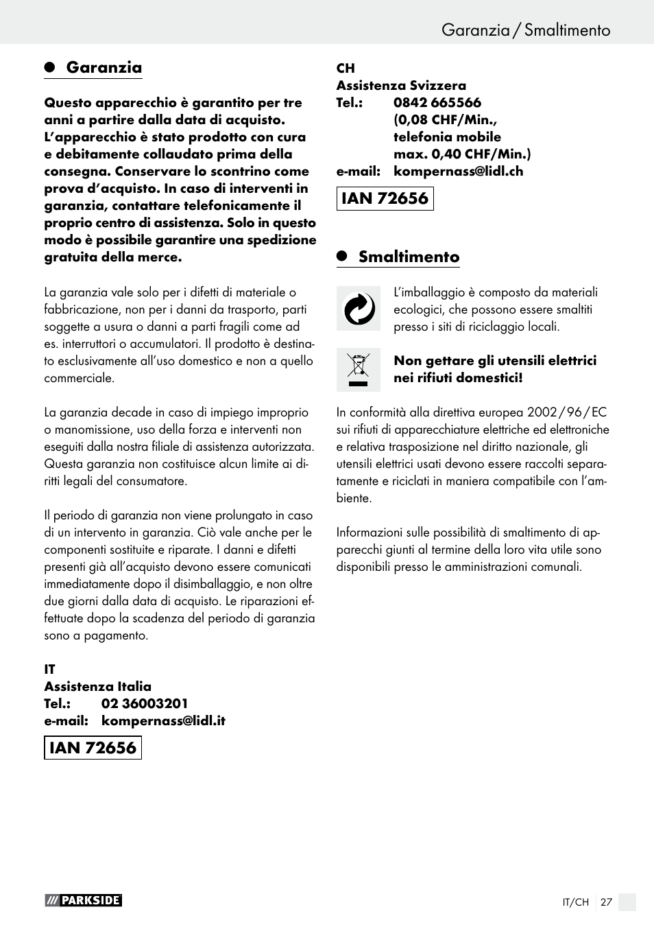 Garanzia, Smaltimento | Parkside PBSG 95 A1 User Manual | Page 27 / 36