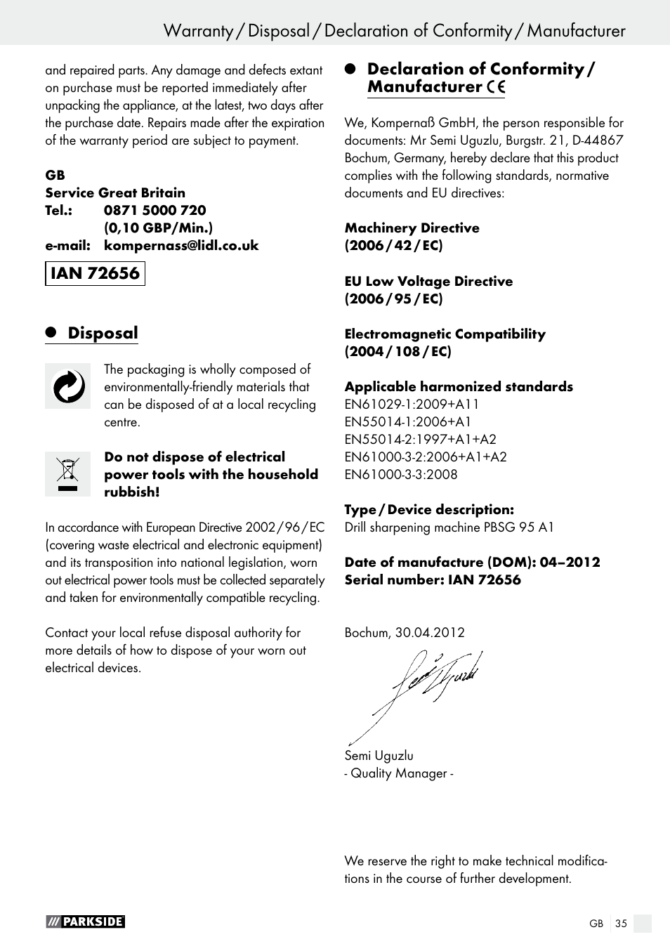 Disposal, Declaration of conformity / manufacturer | Parkside PBSG 95 A1 User Manual | Page 35 / 36