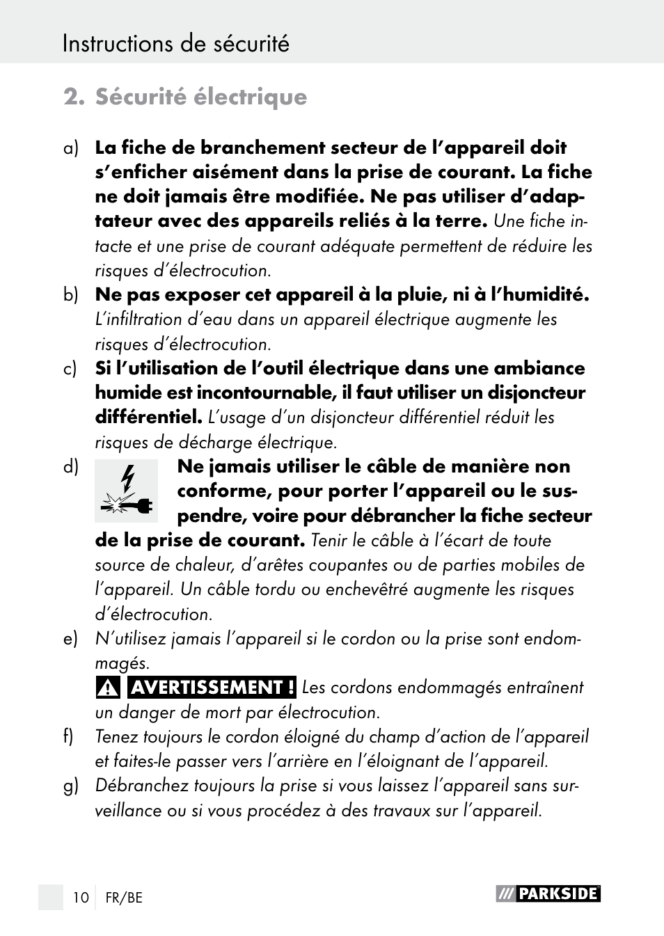 Instructions de sécurité, Sécurité électrique | Parkside PLP 100 A1 User Manual | Page 10 / 60