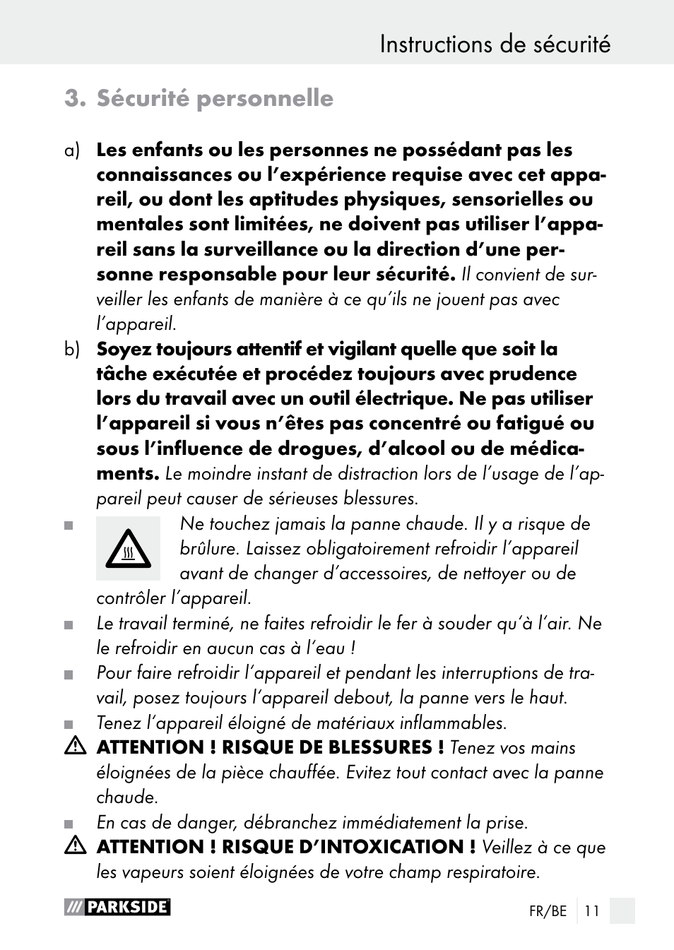 Instructions de sécurité, Sécurité personnelle | Parkside PLP 100 A1 User Manual | Page 11 / 60