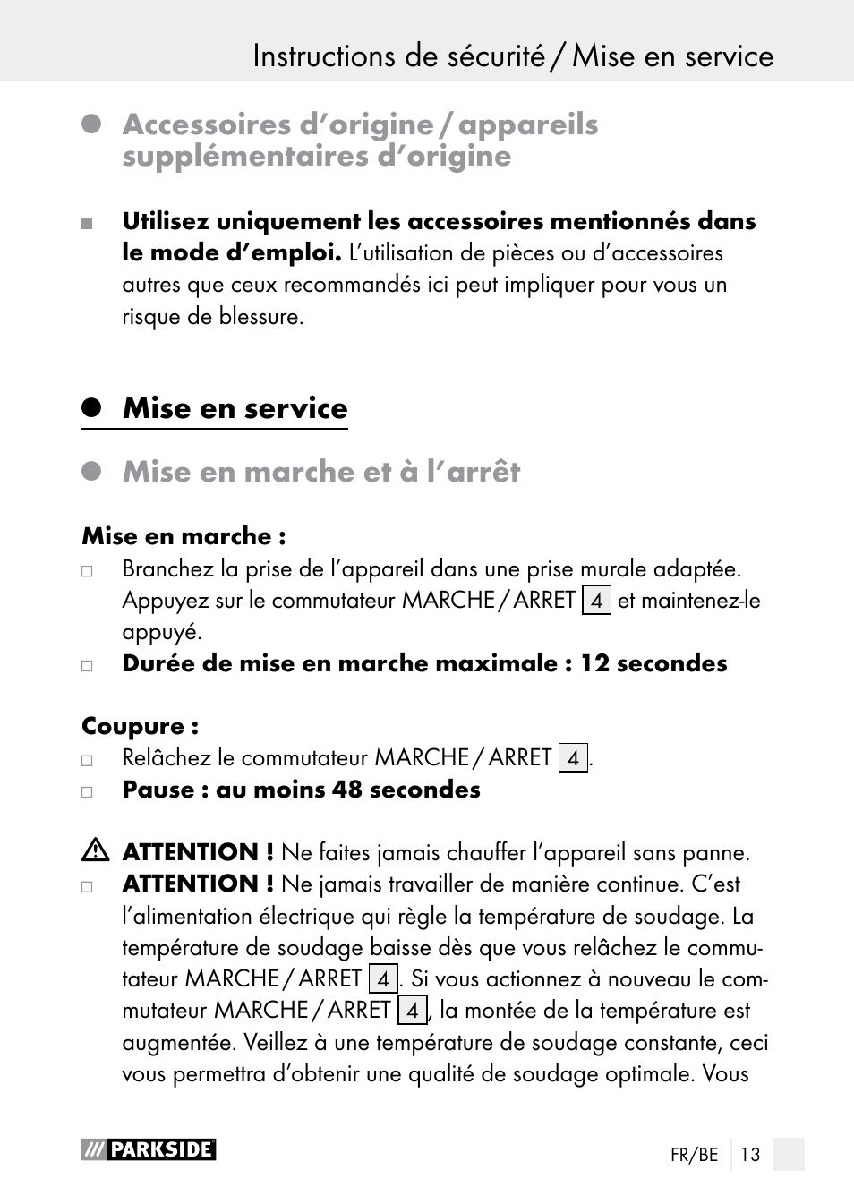 Mise en service, Mise en marche et à l’arrêt | Parkside PLP 100 A1 User Manual | Page 13 / 60