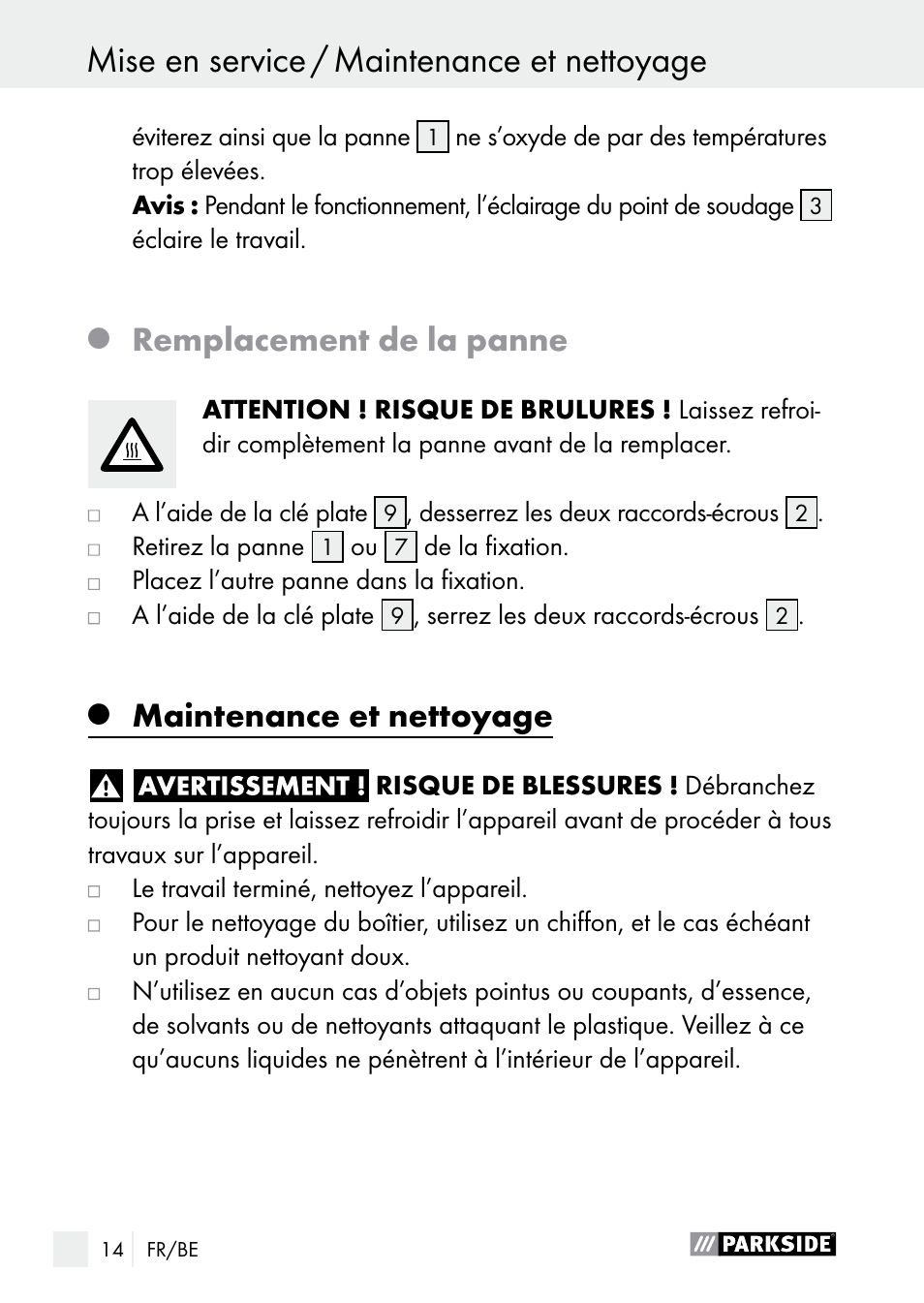 Remplacement de la panne, Maintenance et nettoyage | Parkside PLP 100 A1 User Manual | Page 14 / 60