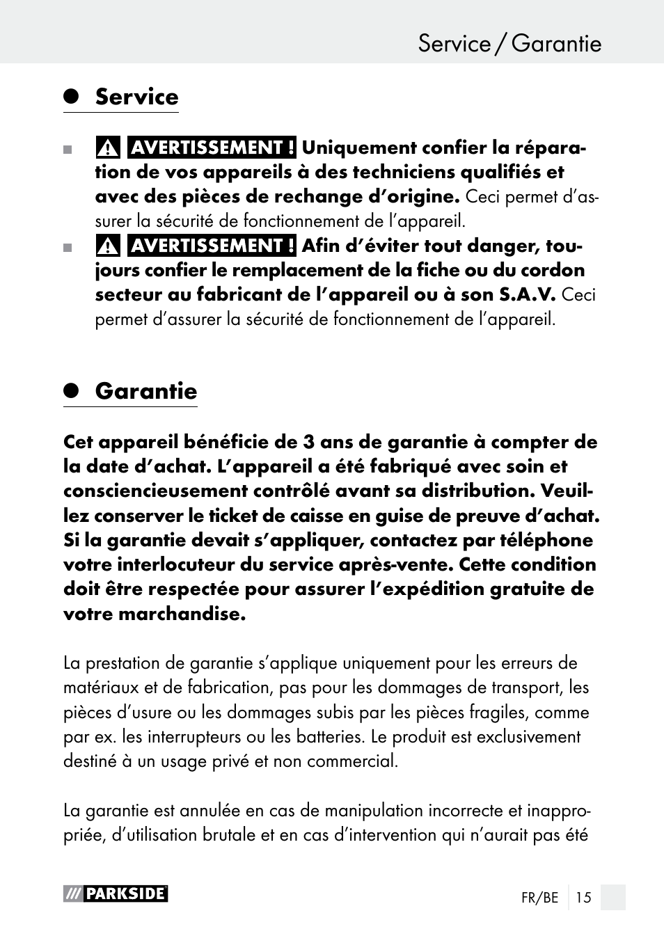 Service, Garantie | Parkside PLP 100 A1 User Manual | Page 15 / 60