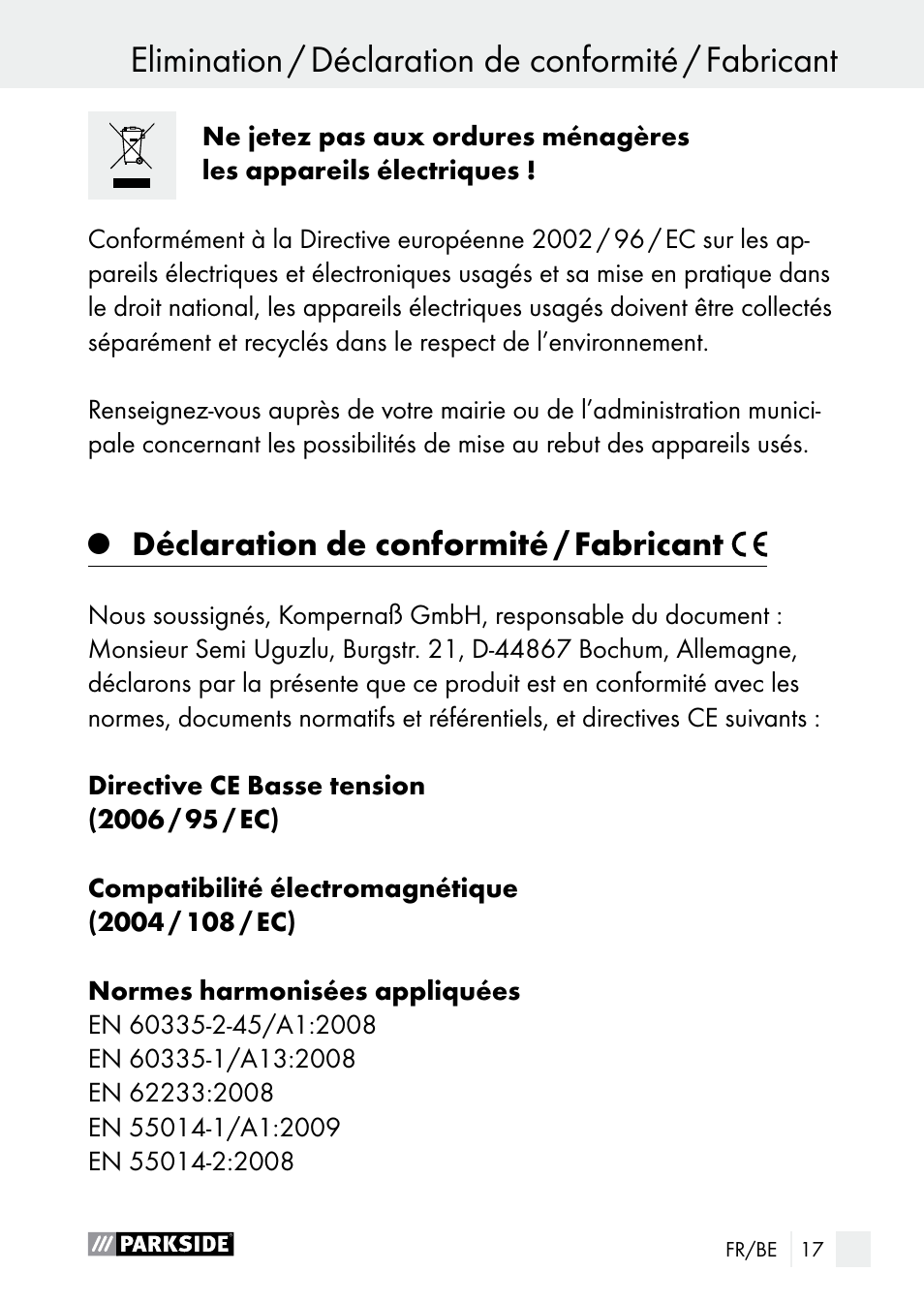 Déclaration de conformité / fabricant | Parkside PLP 100 A1 User Manual | Page 17 / 60