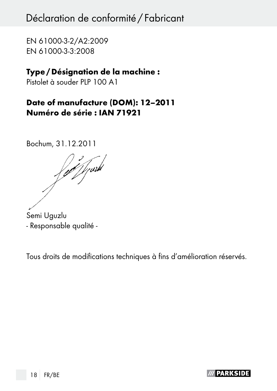 Déclaration de conformité / fabricant, Inhoudsopgave | Parkside PLP 100 A1 User Manual | Page 18 / 60