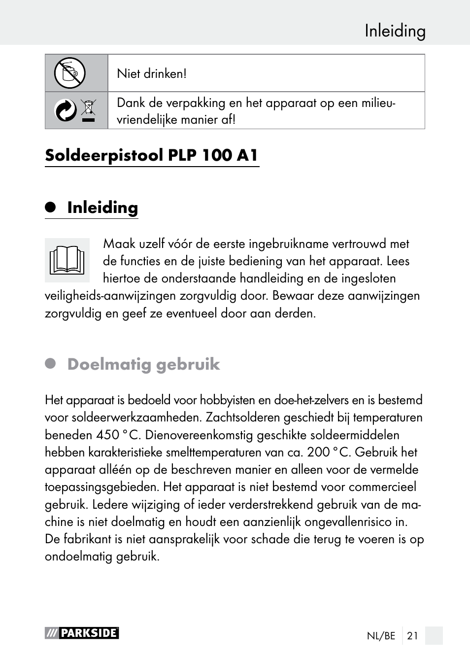 Inleiding, Soldeerpistool plp 100 a1, Doelmatig gebruik | Parkside PLP 100 A1 User Manual | Page 21 / 60