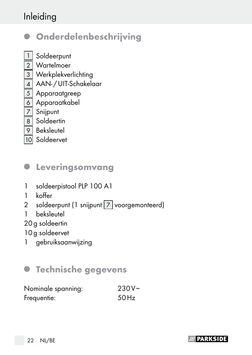 Inleiding / veiligheidsinstructies inleiding, Onderdelenbeschrijving, Leveringsomvang | Technische gegevens | Parkside PLP 100 A1 User Manual | Page 22 / 60