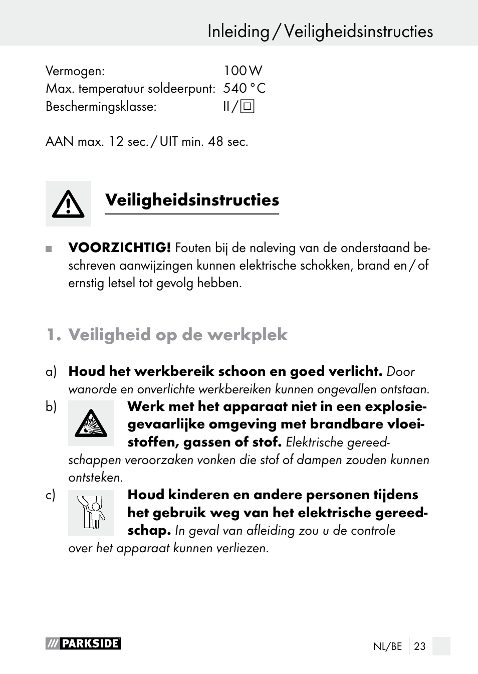 Inleiding / veiligheidsinstructies inleiding, Veiligheidsinstructies, Veiligheid op de werkplek | Parkside PLP 100 A1 User Manual | Page 23 / 60