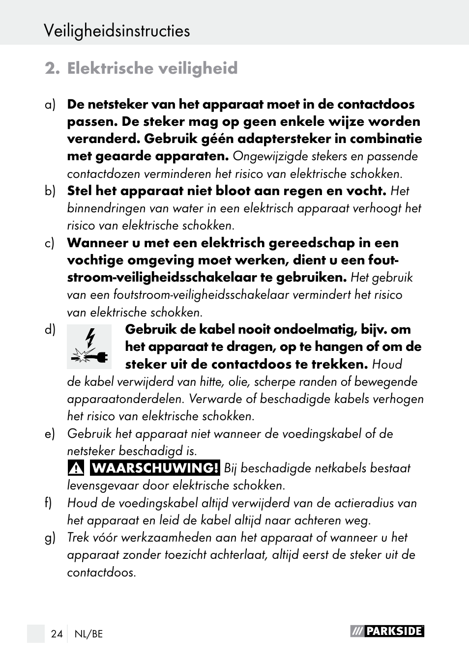 Veiligheidsinstructies, Elektrische veiligheid | Parkside PLP 100 A1 User Manual | Page 24 / 60