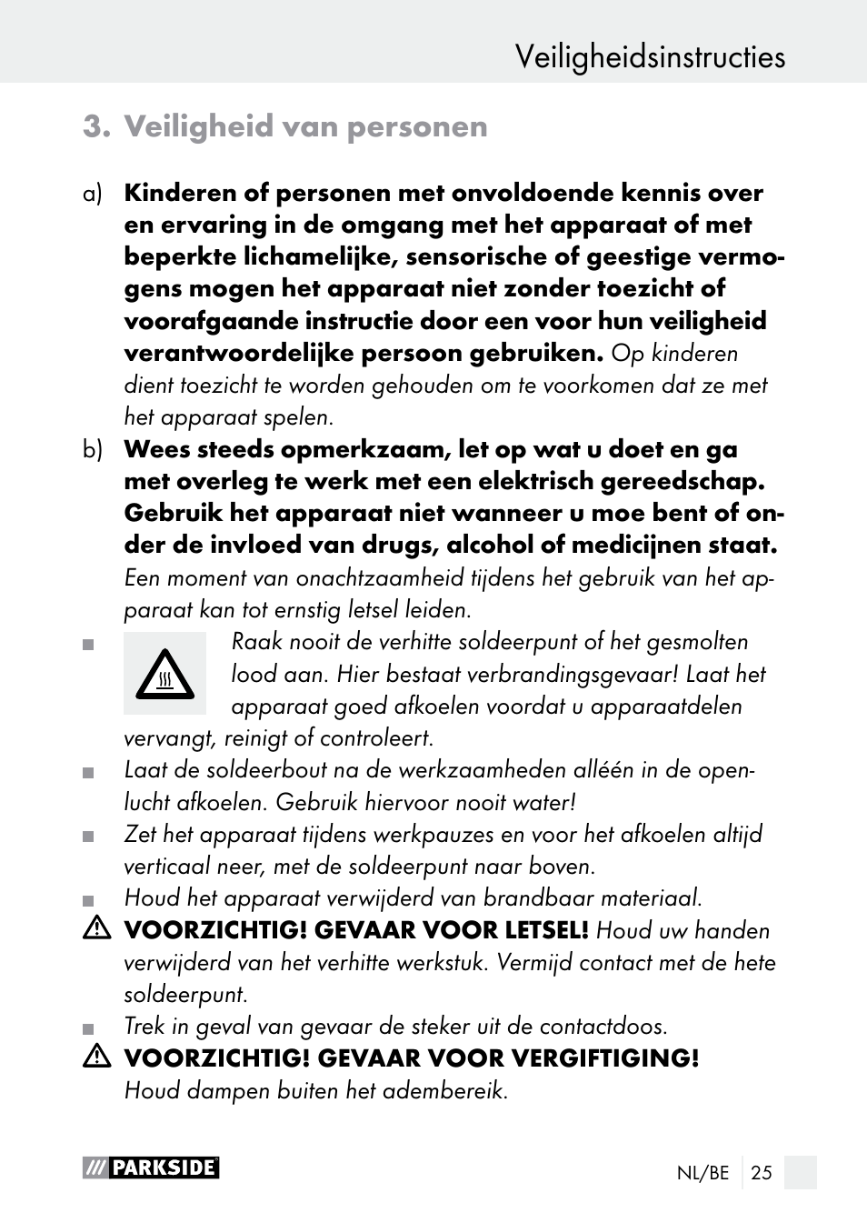 Veiligheidsinstructies, Veiligheid van personen | Parkside PLP 100 A1 User Manual | Page 25 / 60