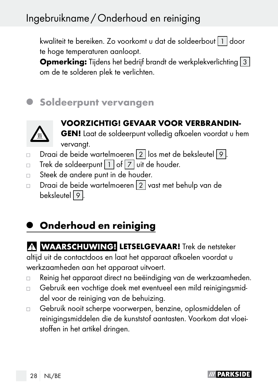 Soldeerpunt vervangen, Onderhoud en reiniging | Parkside PLP 100 A1 User Manual | Page 28 / 60