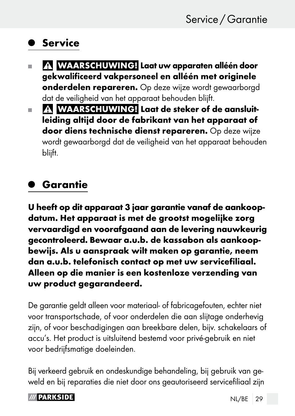 Service, Garantie | Parkside PLP 100 A1 User Manual | Page 29 / 60