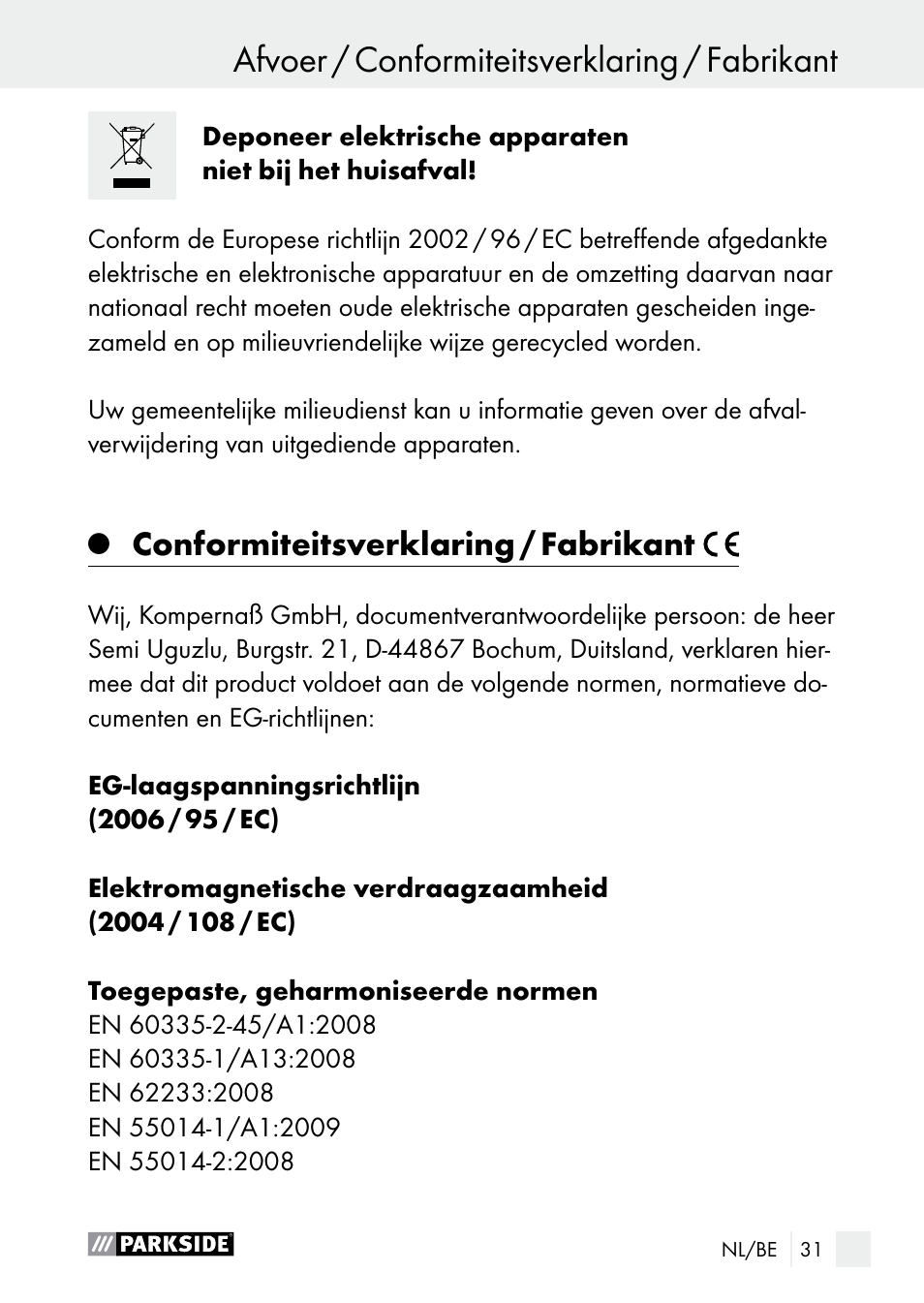Conformiteitsverklaring / fabrikant | Parkside PLP 100 A1 User Manual | Page 31 / 60